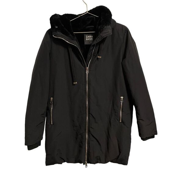 Zara Basic Black Water Repellent Puffer Parka Size Large - Picture 1 of 8